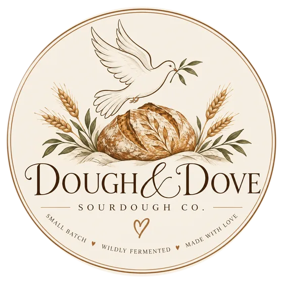 Dough & Dove round badge with a dove above a scored loaf