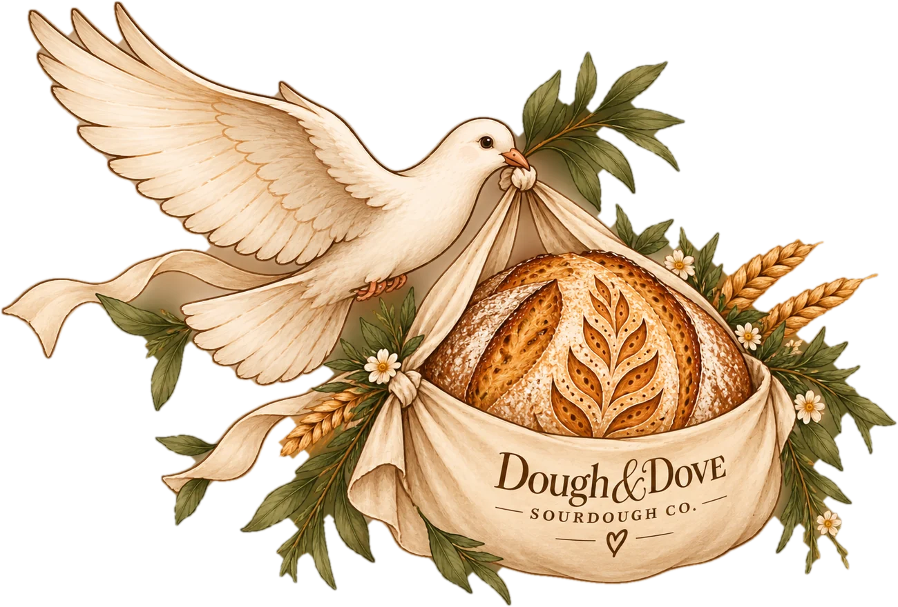 A white dove carrying a Dough & Dove cloth bundle holding a scored sourdough loaf, with wheat, olive branches and daisies